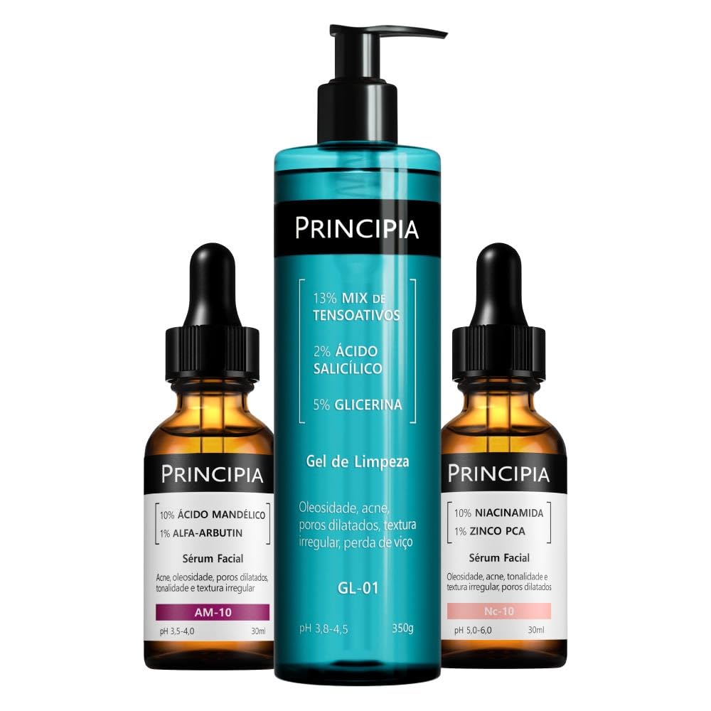 Kit Principia Anti-Acne Trio com um gel de limpeza com 2% de ácido salicílico e 5% de glicerina, um sérum com 10% de Niacinamida e um sérum com 10% de Ácido Mandélico + Alfa-arbutin