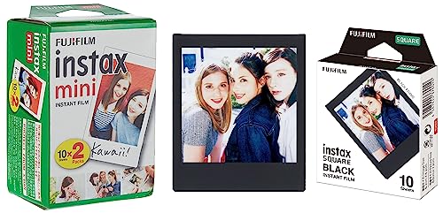 Image of instax mini instant film White Border, 20 shot Pack, suitable for all mini cameras and printers & Instax SQUARE instant Film, Black border, 10 shot pack