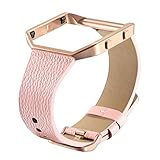 bayite Leather Bands with Frame for Fitbit Blaze Genuine Leather Straps Replacement for Fitbit Blaze Smart Fitness Watch Women Men Pink