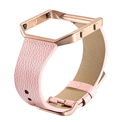 bayite Leather Bands with Frame for Fitbit Blaze Genuine Leather Straps Replacement for Fitbit Blaze Smart Fitness Watch Women Men Pink
