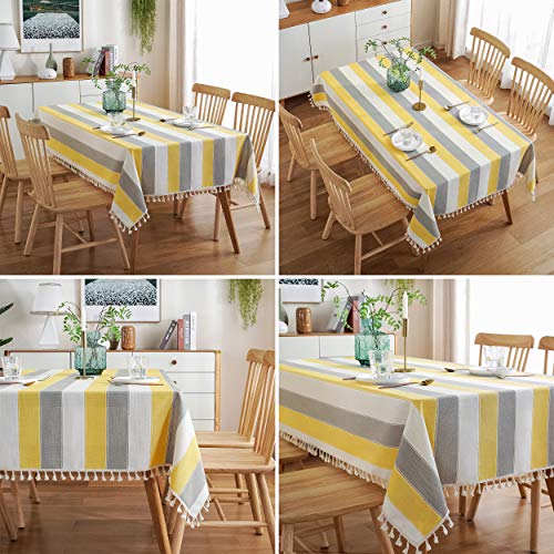 Amhoo Striped Tassel Tablecloth Stitching Rectangle Table Cloth Cotton Linen Fabric Table Cover For Kitchen Dinning Tabletop 55 X 86 Inch Yellow #TOP2