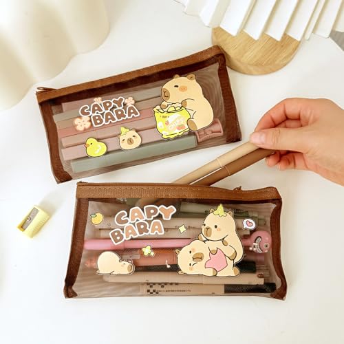 1 estojo de lápis adorável capivara com acessórios fofos, estojo de caneta Kawaii, capivara transparente, bolsa de armazenamento de caneta de grande capacidade (estilo aleatório, 20 x 10,5 cm)
