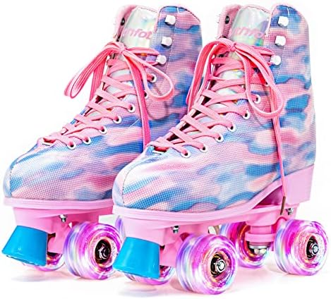 Ruthfot Womens Roller Skates with High Top PU Leather and Shiny Double-Row Four Wheels Rollerskates,Pink Skates for Adult Women and Girls