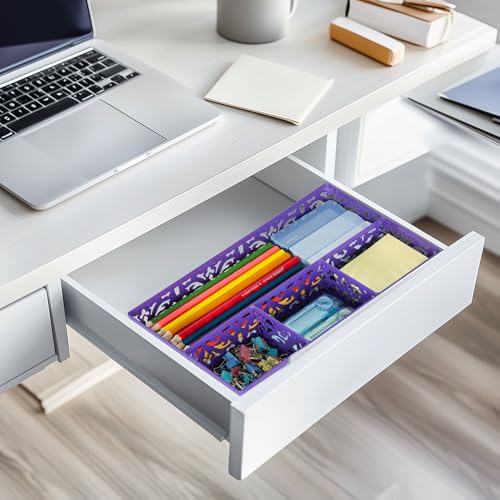 EasyPAG Desk Drawer Organizer with 4 Compartments, Carved Hollow Floral Metal Tray for Office, Jewelry, Cosmetics - No Assembly, Purple - Image 2