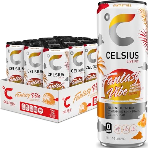 CELSIUS FANTASY VIBE Sparkling Mandarin Marshmallow, Sugar Free Energy Drink, 12 Fl Oz (Pack of 12)