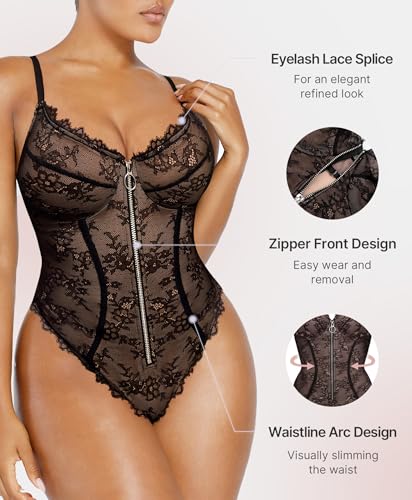 SHAPELLX Lace Bodysuit for Women Tummy Control Shapewear Bodysuit for Women Thong V Neck Sleeveless Backless Body Suit3