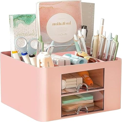 Image of Versatile Desk Organiser with 5 Compartments, 2 Drawers and Multifunctional Storage Options - Ideal for Office Supplies, Stationery and Desk Accessories, Office Organiser (Pink)