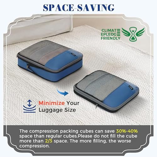 Image of BAGAIL 4 Set /6 Set /8 Set Compression Packing Cubes Travel Accessories Expandable Packing Organizers(HalfMesh,8-Navy)