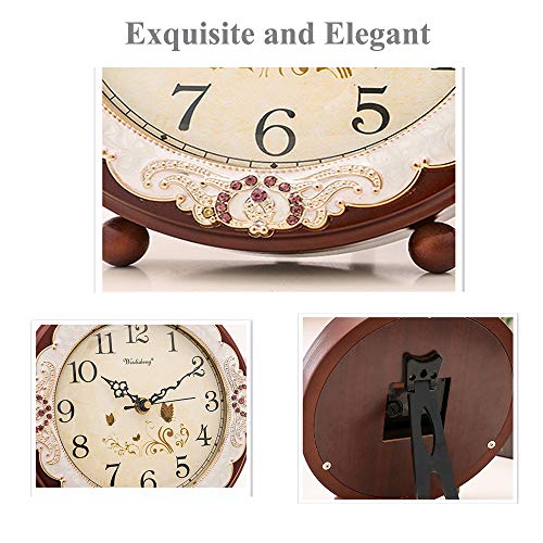 Justup Vintage Table Clock, Retro Non-Ticking European Style Beside Desk Clock Battery Operated Silent Quartz Movement For Bedroom Living Room Indoor Decor (Brown) #TOP4