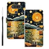 WUACYEAMING für LG V20 Hülle Premium PU Leder Flip Klappbare Stoßfeste Magnetische Schutzhülle Tasche mit Kartenfach Geld Slot Ständer Meer Boot