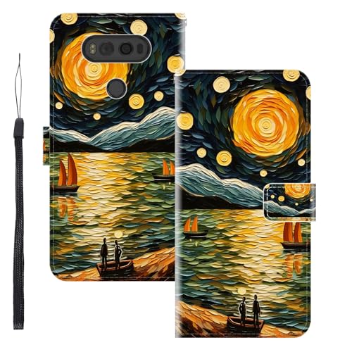 WUACYEAMING für LG V20 Hülle Premium PU Leder Flip Klappbare Stoßfeste Magnetische Schutzhülle Tasche mit Kartenfach Geld Slot Ständer Meer Boot