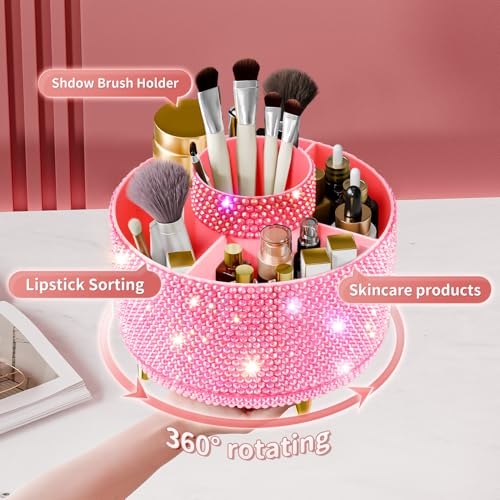 Image of fanado Bling 360 Rotate Makeup Brush Holder Organizer, Makeup Organizers Countertop, Makeup organization and Skincare Storage for Vanity, Gift for Women Girls (Bling dz-Pink)