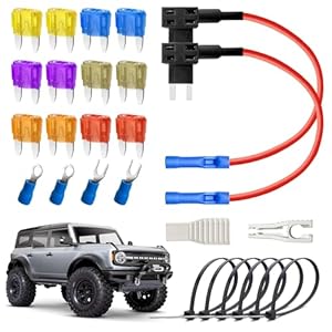 Kit de grifo de fusibles mini para añadir un circuito – 2 portafusibles de perfil bajo + 12 fusibles (3A – 20 A), extractor, bridas, terminales O y U – para cámara de tablero de 12 V/24 V, cableado de