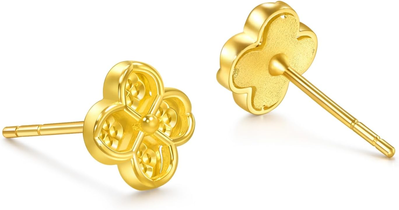 CHOW SANG SANG 999 24K Gold Essence Blossom Lucky Four-Leaf Clover Stud Earrings for Women 95214E
