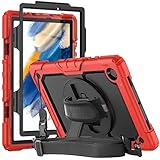 Herize Case for Samsung Tab A8 10.5 inch 2022 with Screen Protector | Full Body Silicon Cover with 360 Rotating Hand Strap Shoulder Strap for Galaxy Tab A8 Tablet SM-X200 /SM-X205 /SM-X207 | Red