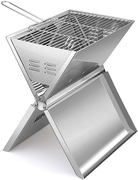 Ved Portable Barbecue Grill - Foldable Notebook-Style 2 to 3 Person BBQ Griller Made with Stainless Steel - Charcoal Smoker for Terrace, Patio, Backyard, Camping, Hiking & Beach Trips - 35x24x39cm