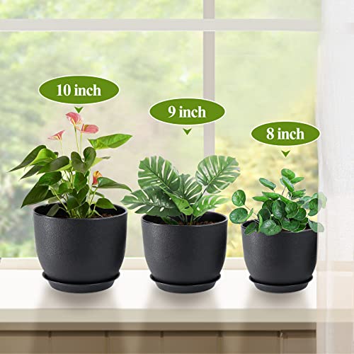 Fiason 10/9/8 Inch Black Plant Pots, Plastic Flower Pots With Drainage Holes And Saucers, A Set Of 3 Planters Suitable For Indoor And Outdoor #TOP4
