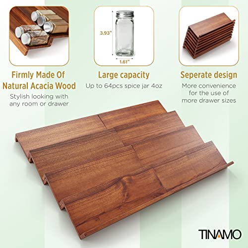 Tinamo Acacia Wooden Spice Rack Organizer for Cabinet - Spice Drawer Insert, Spice Organization for Cabinet, Seasoning Organizer, 4-Tier Spice Jar Rack for Drawer, Spice Holder Pack of 8 (64 Jars) by Tinamo - Image 4