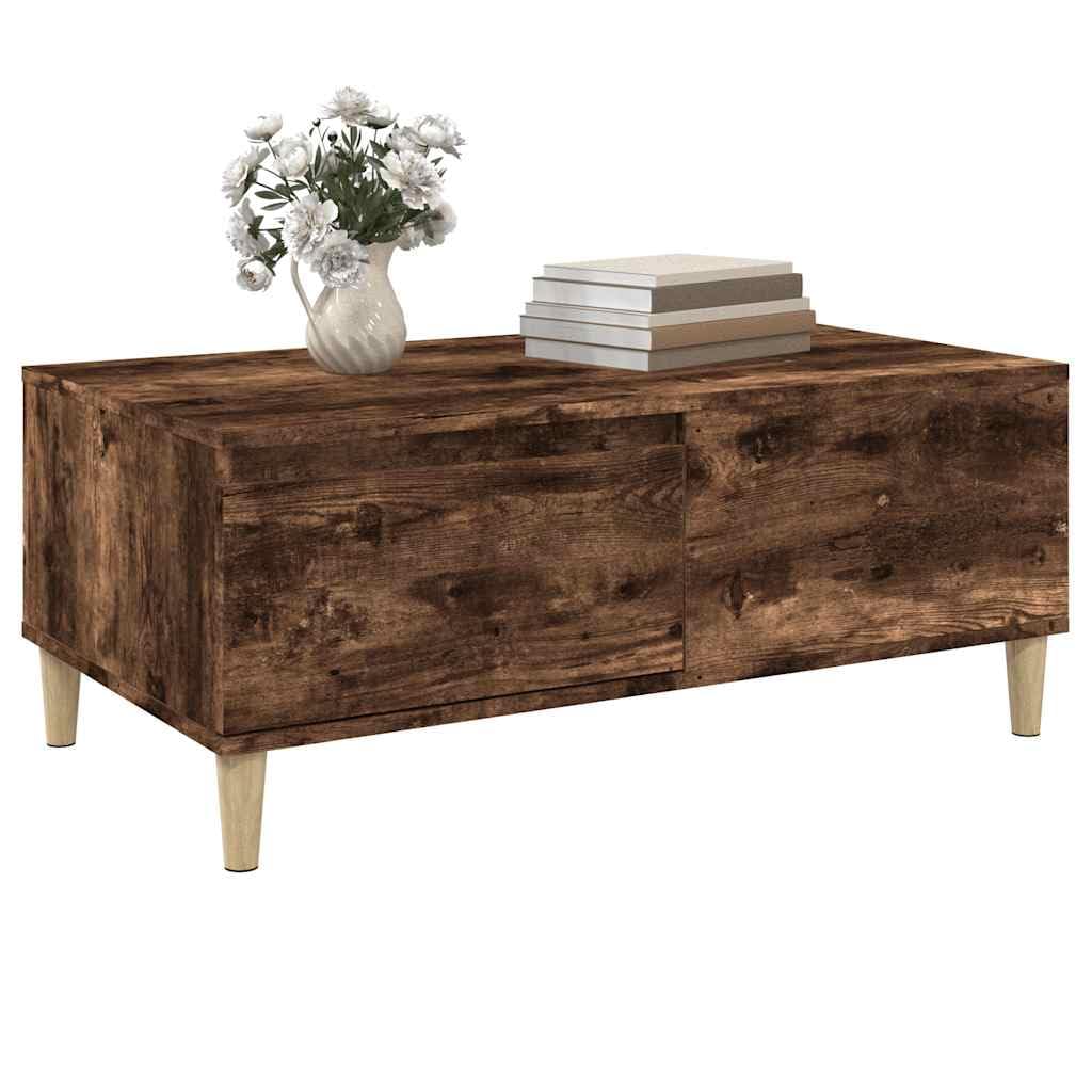 Mesa de centro de roble ahumado, 90 x 50 x 36,5 cm, material de madera con cajón y espacio de almacenamiento, mesa auxiliar para salón, mesa de sofá con diseño robusto y madera de eucalipto
