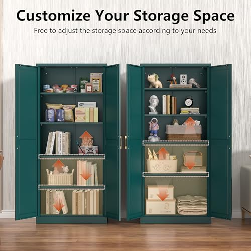 Image of Polup Kitchen Pantry Cabinet, 71 Inch Tall Metal Pantry Cabinet with Doors and Adjustable Shelves, Freestanding Food Cupboard, Storage Cabinets for Dining, Living Room, Green-Teal, Assemble Required