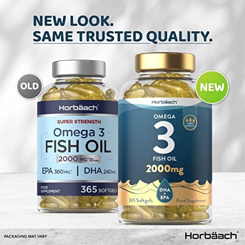 Omega 3 Fish Oil 2000mg | 365 Capsules | with EPA 300mg & DHA 200mg Fatty Acids | by Horbaach