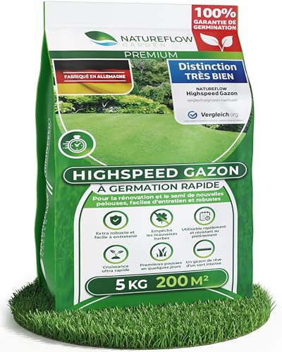 Gazon Regarnissage Rapide 5kg (200m2) - Fabriqué en Allemagne - Résistant & Autoréparation Naturelle - Pelouse Regarnissage - pelouse a semer - Semence...