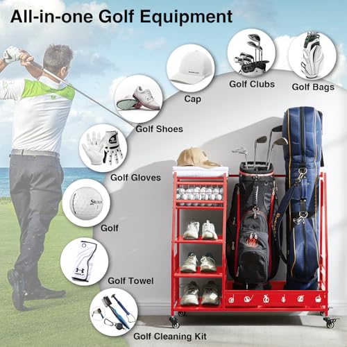 Lauren&Harold Golf Bag Organizer Garage Storage, Golf Storage Rack Stand Fits 2 Golf Bags, Golf Clubs and Other Golfing Equipment Accessories, Golf Organizer for Garage, Club, Shed, Basement, Red