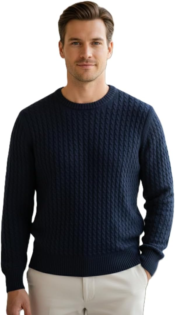 NPIA Certified 100% Pure Cashmere Men's Sweater | Hand-Knitted Cable Knit Crewneck Pullover | 2-Ply 15 Micron | 420g
