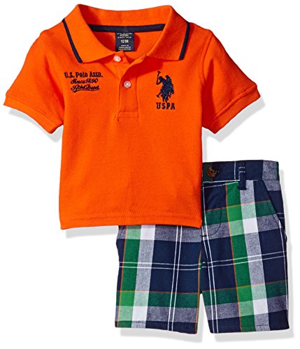 U.S. Polo Assn. Baby Boys' Polo and Short, Orange/Plaid, 24M