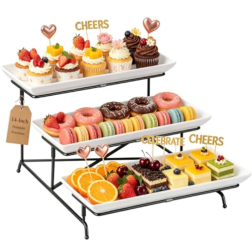 Yedio 3 Tier Serving Tray Set 14 Inch Porcelain Tiered Serving Trays Platters, Collapsible Sturdier Stand with Stable Cross Bars, Three Layer Serving for Party Entertaining Food Display Fruit Dessert