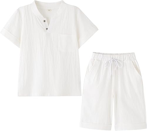 Conjunto de camiseta y pantalones cortos de algodón y lino de verano de manga corta para niños de dos piezas conjuntos de pantalones