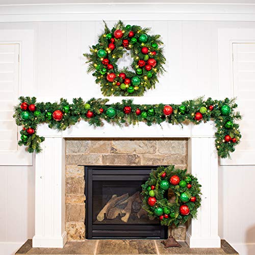 [30 Inch Artificial Christmas Wreath] - Christmas Cheer Collection - Red And Green Decoration - Pre Lit With 50 Warm Clear Colored Led Mini Lights - Includes Remote Controlled Battery Powered Timer #TOP6