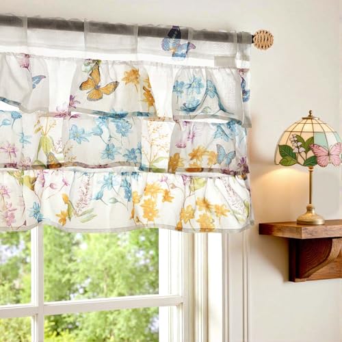 jinchan Ruffled Floral Valance Linen Shabby Chic Small Window Curtain 18 Inch Farmhouse Kitchen Valance for Bedroom Living Room Decor Cottage Rustic Window Treatments 1 Panel Black on Beige