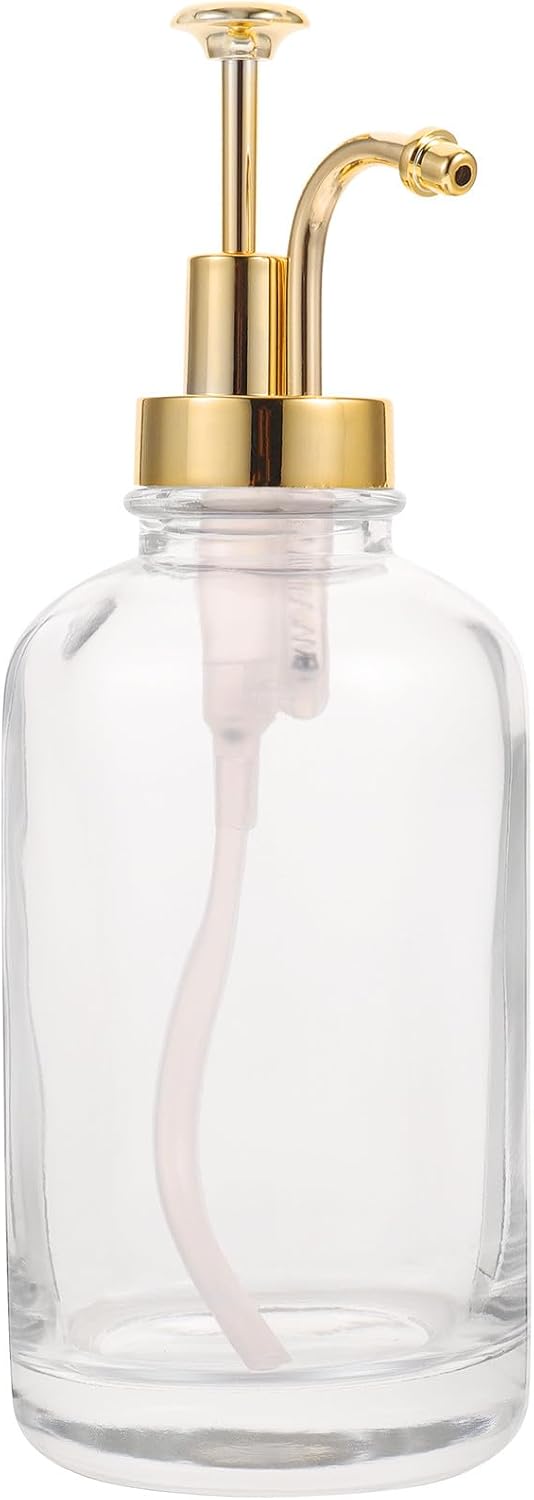 Glass Syrup Dispenser Bottle with Gold Pump Head, Coffee Syrup Container for Kitchen Use, Sturdy Glass Sugar Dispenser for Home and Bar Storage