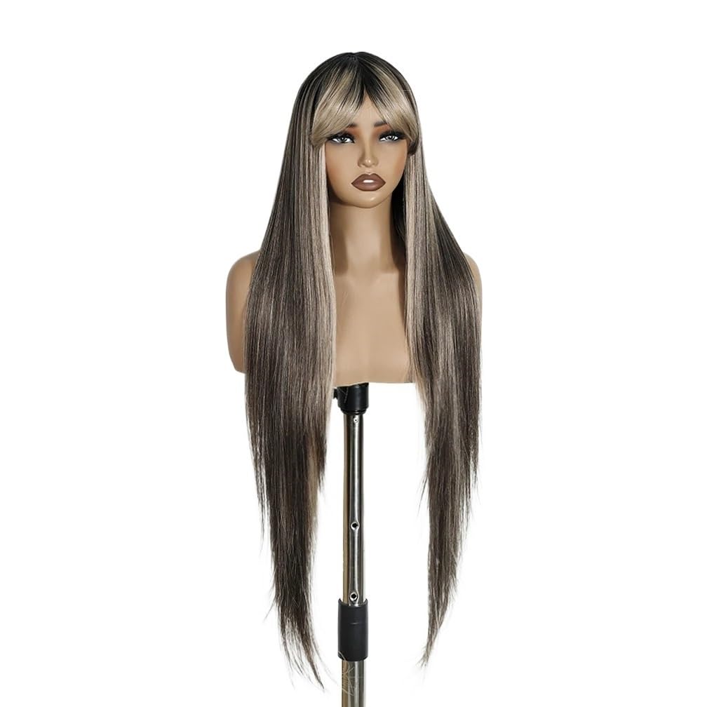 ZTHYSHOZ Women's Wig Synthetic Wig with Bangs Long Straight Ombre Highlight Colored Wigs for Women