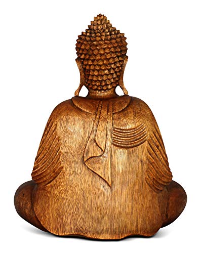 G6 Collection Wooden Serene Sitting Buddha Statue Handmade Meditating Sculpture Wood Figurine Decorative Accent Rustic Handcrafted Art Traditional Modern Oriental Decor Hands In Lap Buddha (16" Tall) #TOP4