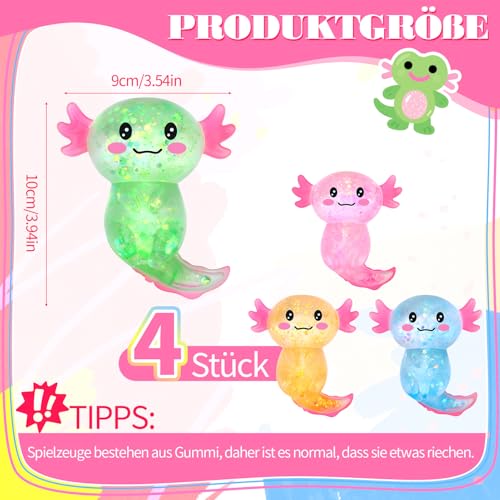 Kaisibum 4 Stück Axolotl Squishy Funkeln Witziges Squeeze Sensorische Anti Stress 4 Farbe Axolotl Tiere Spielzeug für Kinder und Erwachsene