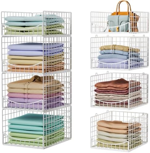 Hongtamoya 4-Tier Stackable Closet Organizers and Storage Shelves, Clothes Storage Basket Sweater Organizer Bins Container for Wardrobe Kitchen Bathroom Office, White