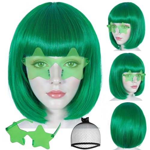 Image of ANOGOL Dark Green Bob Wig with Bangs Green Wigs for Women Colored Wigs | Hair Cap+Sunglasses Short Neon Wig for Bachelorette Party Funny Outfit for Women Halloween Christmas Costume St Patrick Day