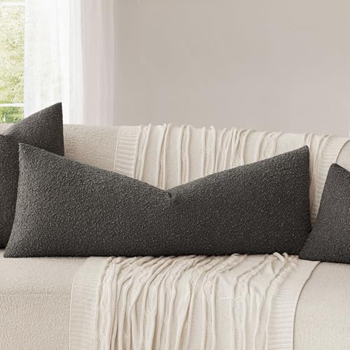 Image of Foindtower Decorative Textured Boucle Throw Pillow Covers Accent Solid Pillow Cases Neutral Long Body Lumbar Couch Cushion Case for Chair Sofa Bedroom Living Room Home Decor 14x36 Inch,1PC,Dark Brown