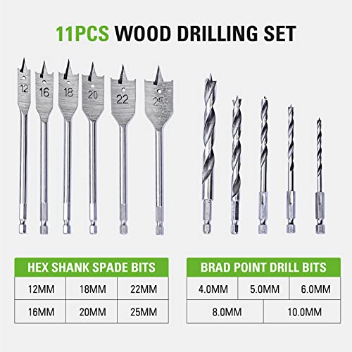 Greenworks Drill bits for Wood (extensive Set of 11 Flat and Twist Drills of 4 mm to 25 mm with Silver and Black Painting Compatible with All Drills and Cordless Screwdrivers) - Image 2