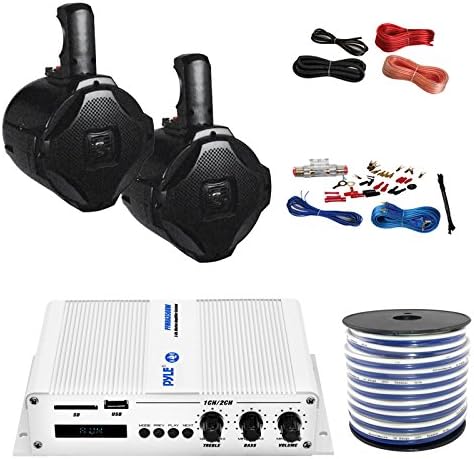 Pyle PFMRA350BW 2-Channel Bridgeable 200 Watts RMS Marine Amplifier, 2X Lanzar AQWB65B 6.5-Inch 2-Way 500 Watt Wake Board Tower Speakers - Black, Pyle 8 Gauge Amp Install Kit, Enrock 18g Speaker Wire