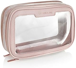 Clear Travel Makeup Bag Organiser - Small Portable Airport Toiletry Cosmetic Case by Lily England, Pink