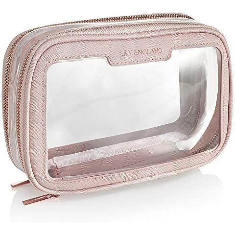 Clear Travel Makeup Bag Organiser - Small Portable Airport Toiletry Cosmetic Case by Lily England, Pink Cover