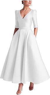 Tea Length Prom Dresses for Women Satin Elegant Formal Evening Gowns A Line Wedding Guest Dress with Sleeves - Buy now