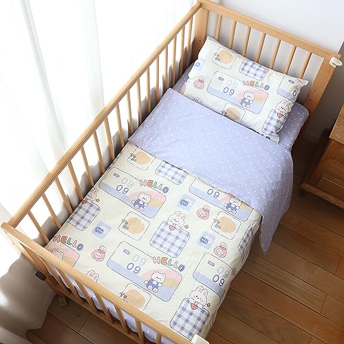 100% Cotton Crib Bedding Set for Toddler Boys Girls,3Pcs Baby Bed Linen Include Duvet Cover Fitted Sheet Pillowcase Nursery Decoration (Purple)