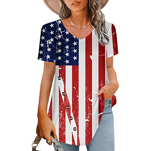 Amidoa Chic Fourth Of July Tunics For Women, Short Sleeve American Patriotic Blouse And Top Usa Stars & Stripes Outfits #TOP1