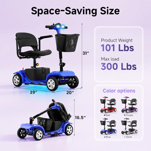 Mobility Scooter for Adults, Senior, 4 Wheels Electric Powered Chargeable Device for Travel, Lightweight Mobility Scooter, with LED Headlights and Basket, Charger Included