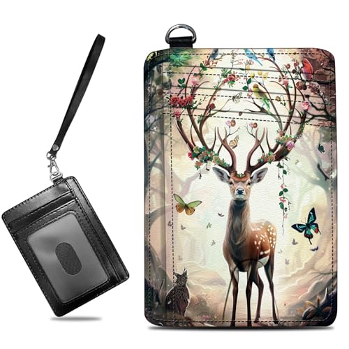 Image of Small Travel Wallets, Decorative Deer Butterfly Slim Minimalist Front Pocket Wallet with Wristlet, RFID Blocking PU Leather Credit Card Holder with ID Window Change Purse for Men Women