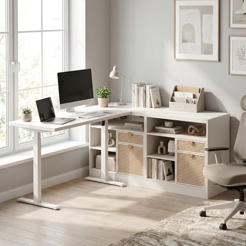 Image of ModernMate 67 inch L Shaped Electric Standing Desk with 4 Drawers, Corner Executive Workstation with 2 File Cabinets, Height Adjustable with AC /USB for Home Office, 1.18 inch One-Piece Desktop, White Rattan